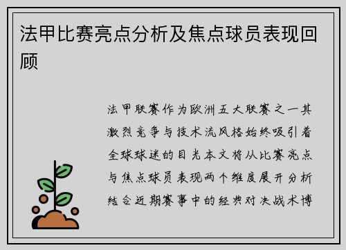 法甲比赛亮点分析及焦点球员表现回顾